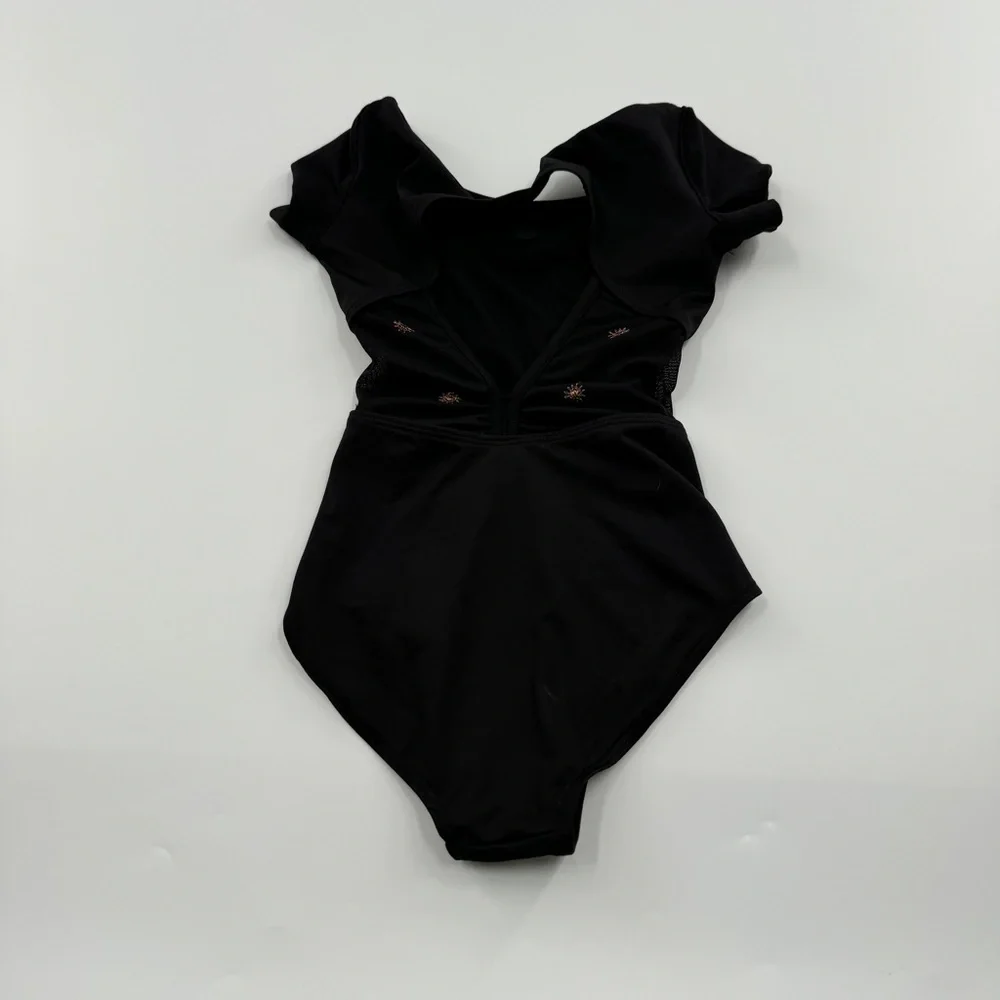 Bloch Kids Black Dance Leotard | Open Back Mesh Detail | Short Sleeve | Size 4–6